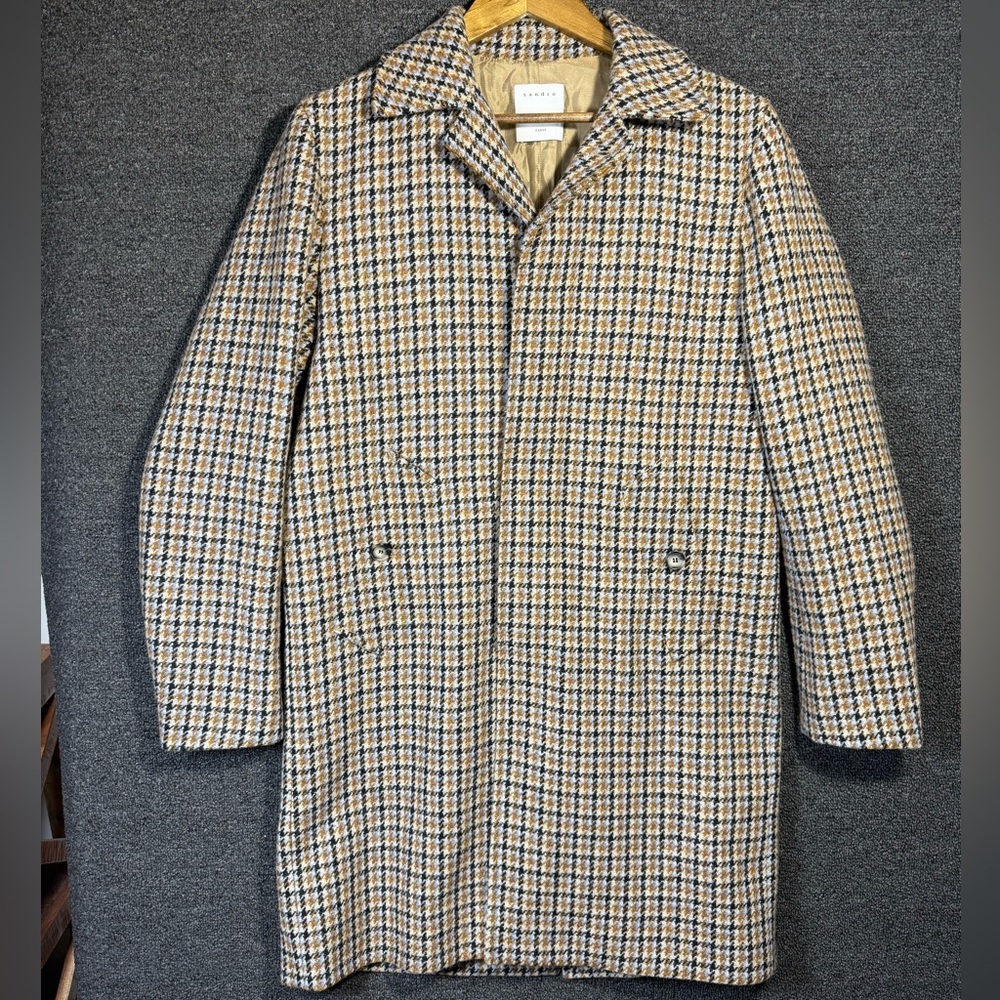 Sandro Men's Houndstooth Pea Coat - Blue and Tan